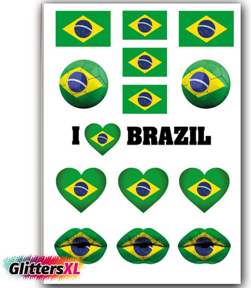 GlittersXL - Tijdelijke Tattoo Brazilië (A5 formaat) [Temporary Tattoo Belgium, The Netherlands, Holland, Rode Duivels, Red Devils - Formule 1, F1, Max Verstappen - Koningsdag Kingsdag - WK, EK, Olympische Spelen, Tour de France]